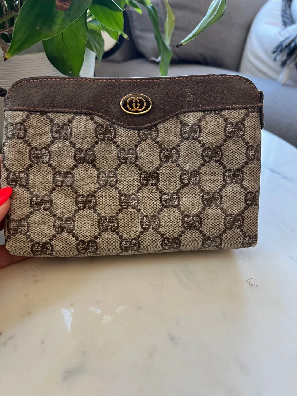 Vintage Gucci Beige & Brown GG Canvas Cosmetic Pouch with Gold Logo